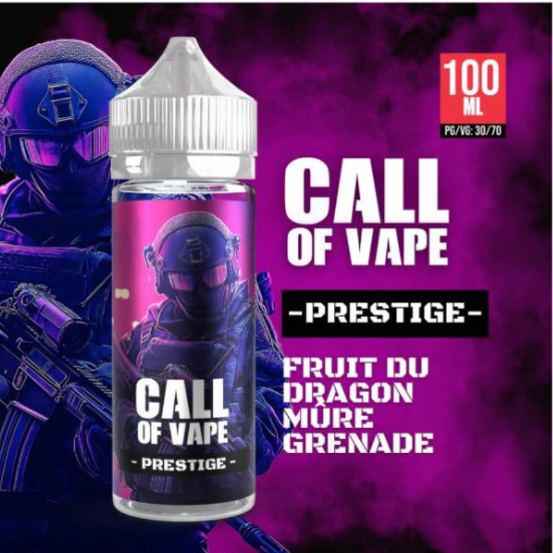 Pub E-liquide Prestige Call Of Vape 100ml Fruit du dragon - Mûre - Grenade. Marque vendue par ciga vap.