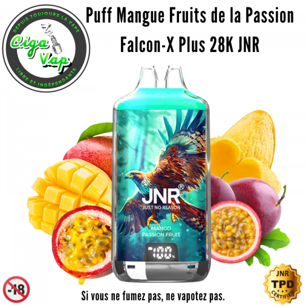 Puff Mangue Fruits de la Passion Falcon X 28000 JNR 2% de nicotine. De la marque JNR Just No Reason. Marque vendue par Ciga Vap.