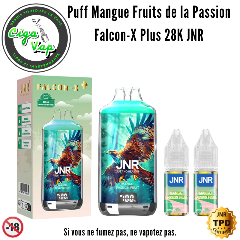 Puff Mangue Fruits de la Passion Falcon X 28000 JNR 2% de nicotine. De la marque JNR Just No Reason. Marque vendue par Ciga Vap.