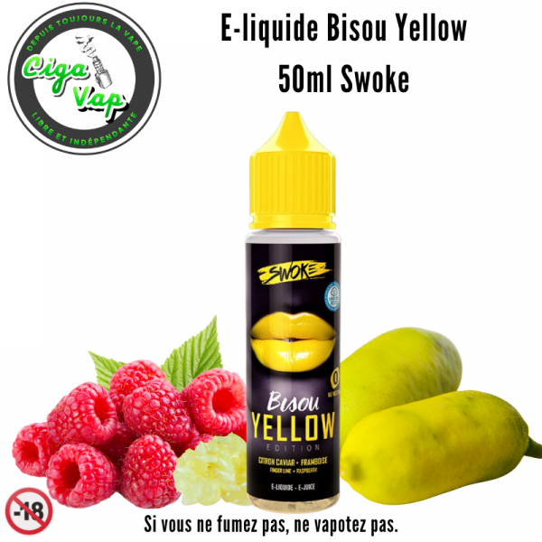 e-liquide Bisou Yellow 50ml 0% nicotine au Citron Caviar Framboise de Swoke marque vendu par Ciga'Vap