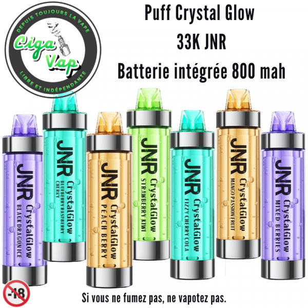 Puff Crystal Glow 33K JNR Batterie intégrée 800 mah. Marque vendue par Ciga'Vap
