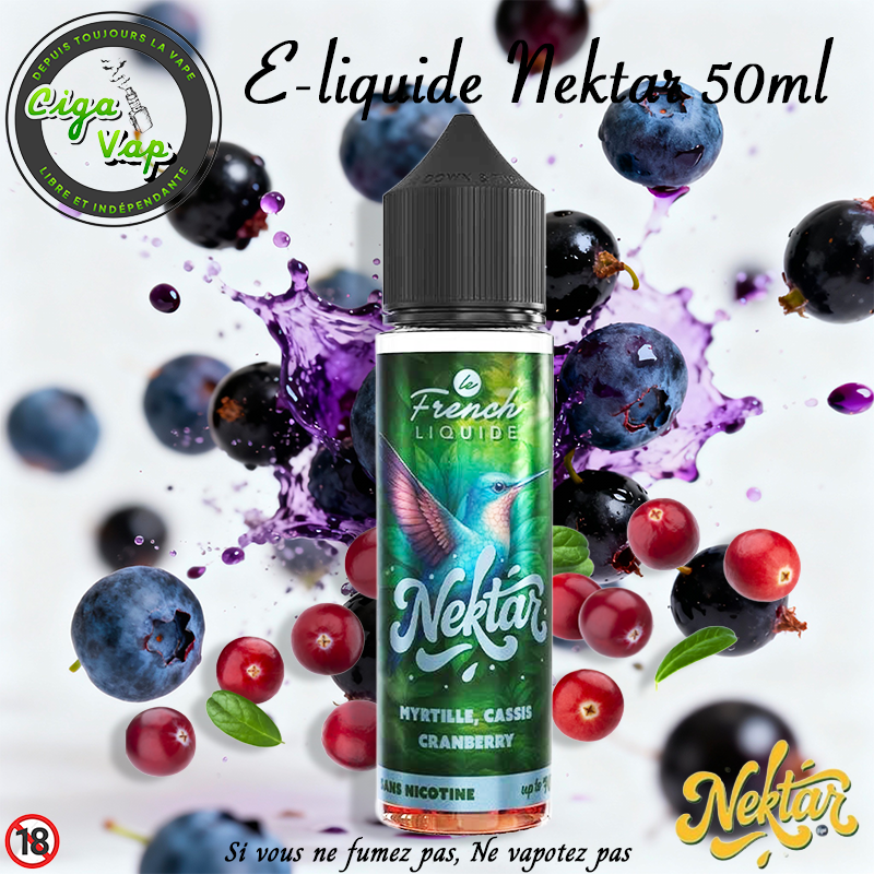 E-liquide myrtille cassis cramberry de la gamme Nektar. Par le French Liquide, marque vendue par Ciga'Vap.