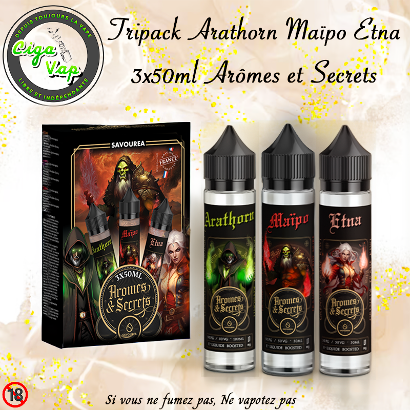Tripack Arathorn Maïpo Etna 3 fois 50ml. De la Gamme Arômes et Secrets marque Savourea. Marque vendue par Ciga'Vap.