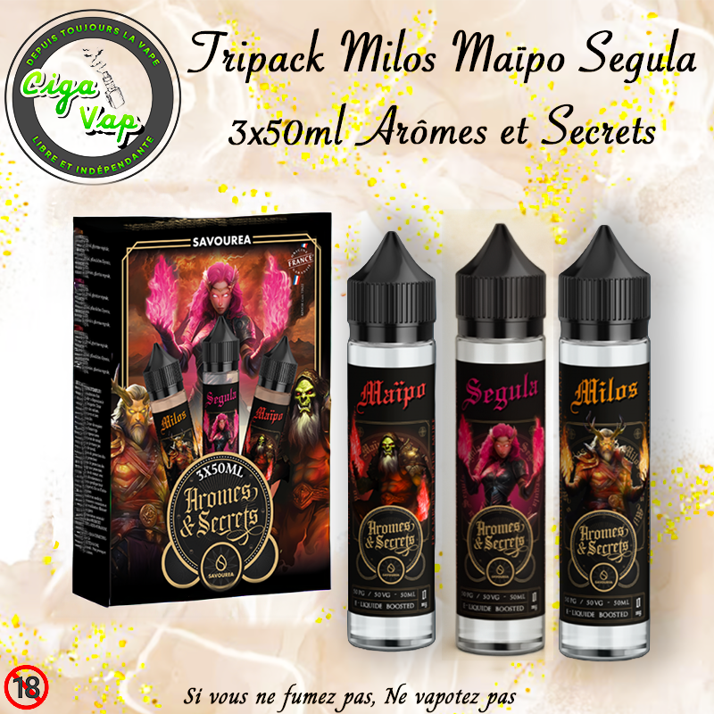 Tripack Milos Maïpo Segula 3x 50ml. De la Gamme Arômes et Secrets marque Savourea. Marque vendue par Ciga'Vap.