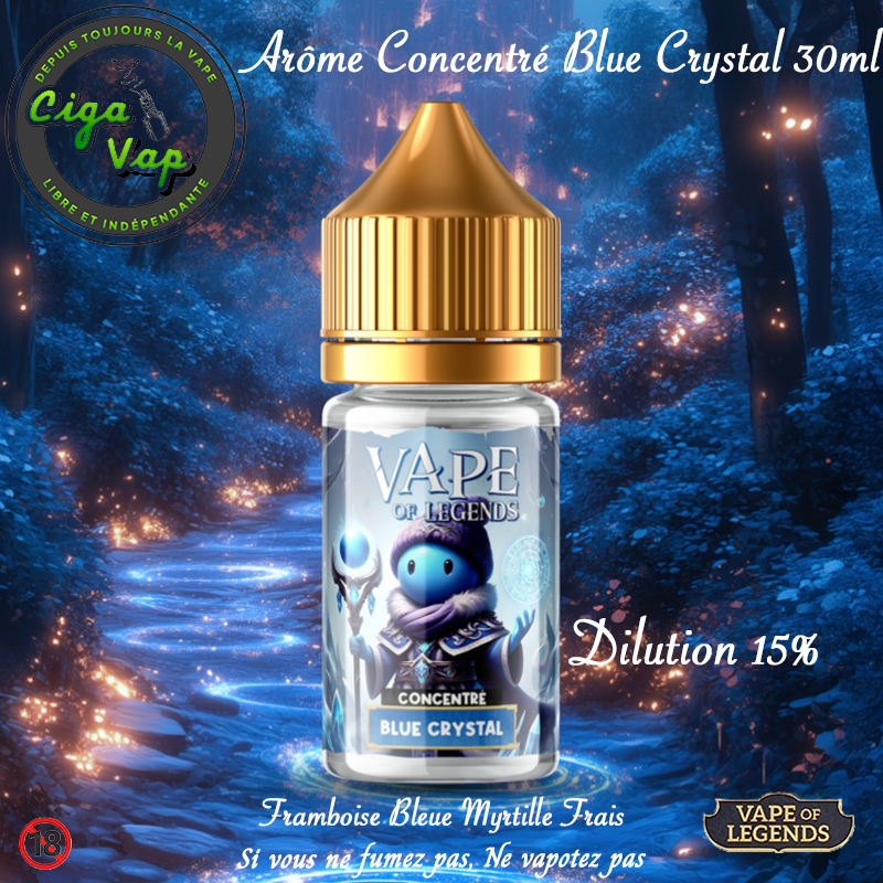 Arome Concentre Blue Crystal en 30ml de Vape of Legend. Framboise bleue Myrtille. Marque vendue par Ciga'Vap.
