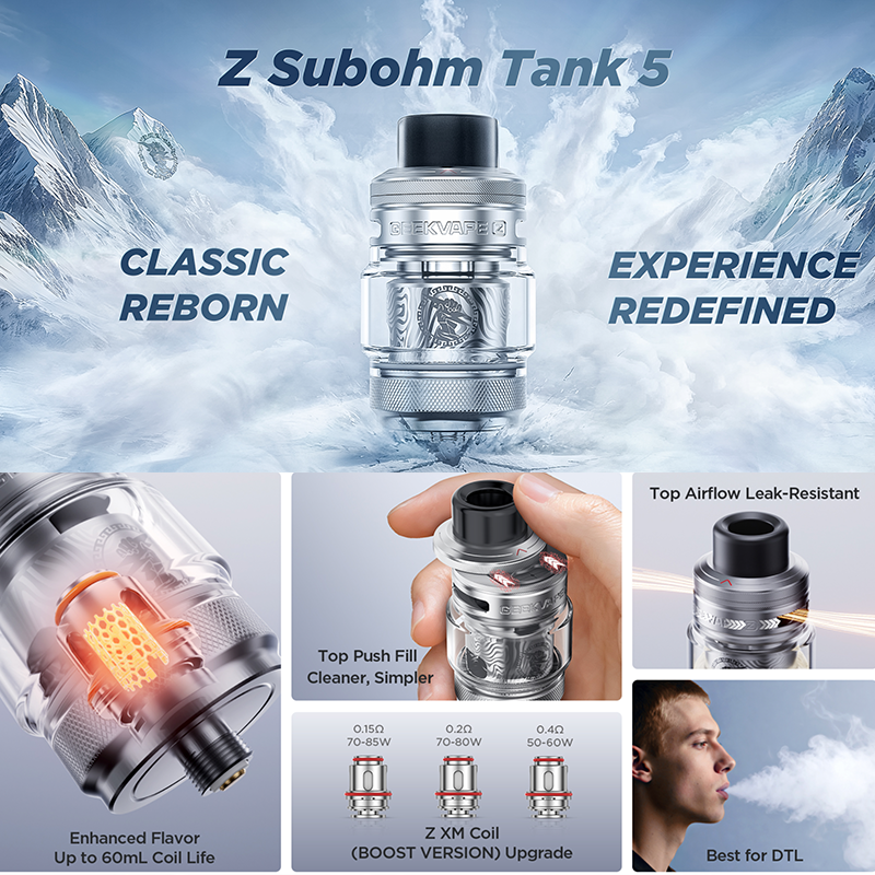 Info sur le clearomiseur Z subohm Tank 5 Geekvape. Marque vendue par Ciga'Vap.