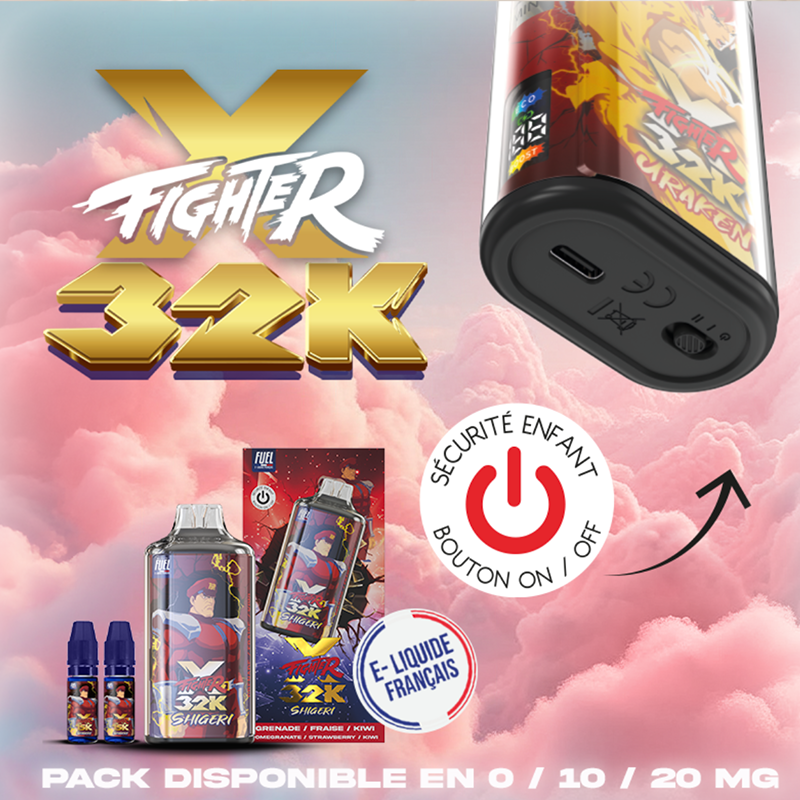 PLV Puff rechargeable XFighter 32k Maison Fuel. Marque vendue par ciga vap.