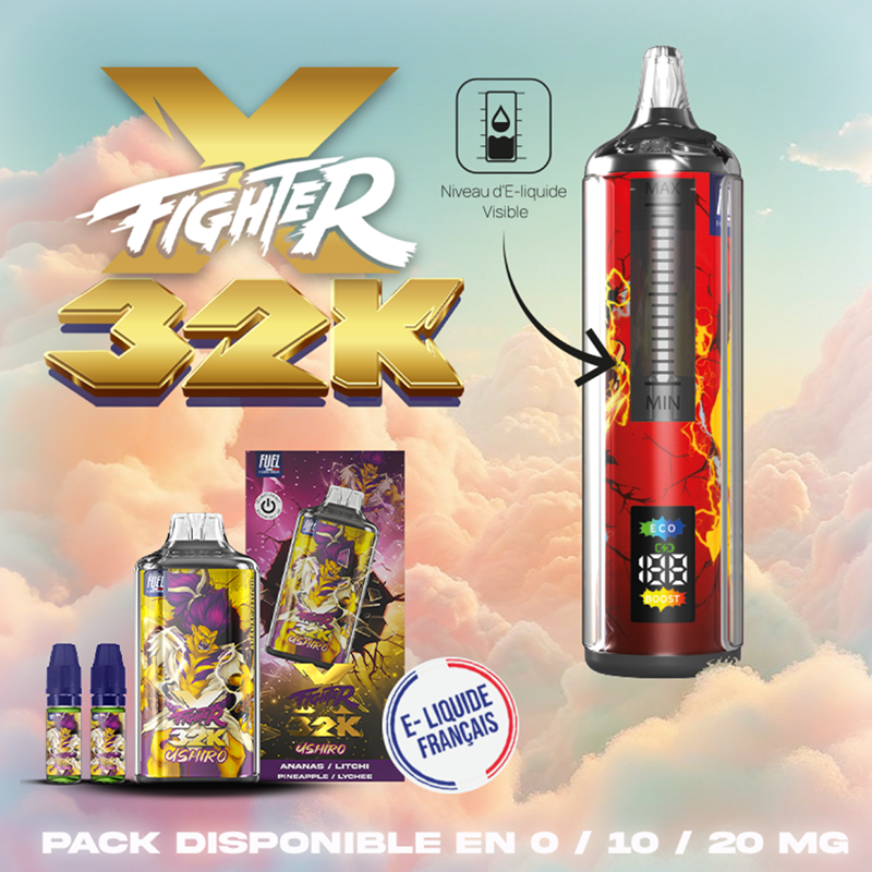 PLV Puff rechargeable XFighter 32k Maison Fuel. Marque vendue par ciga vap.