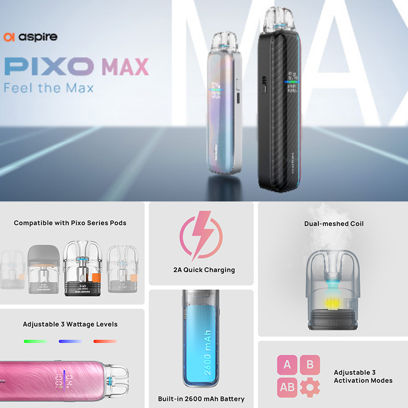 Pub kit pixo max d'Aspire. Marque vendue par Ciga'Vap.