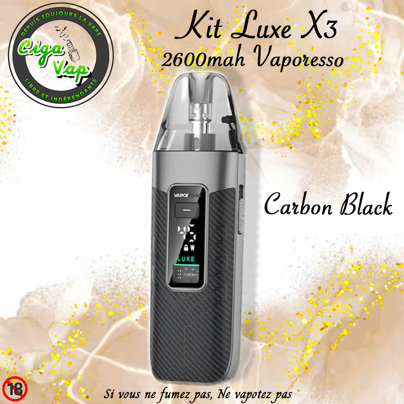 Kit Luxe X3 Carbon Black de Vaporesso. Marque vendue par Ciga'Vap.