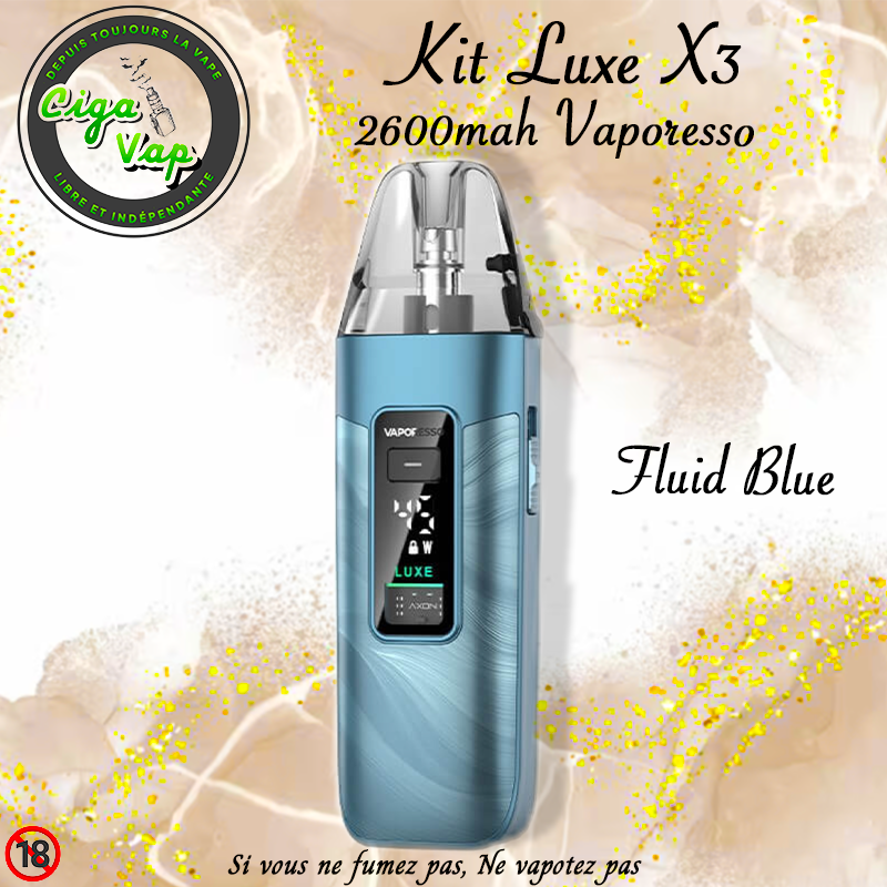 Kit Luxe X3 Fluid Blue de Vaporesso. Marque vendue par Ciga'Vap.