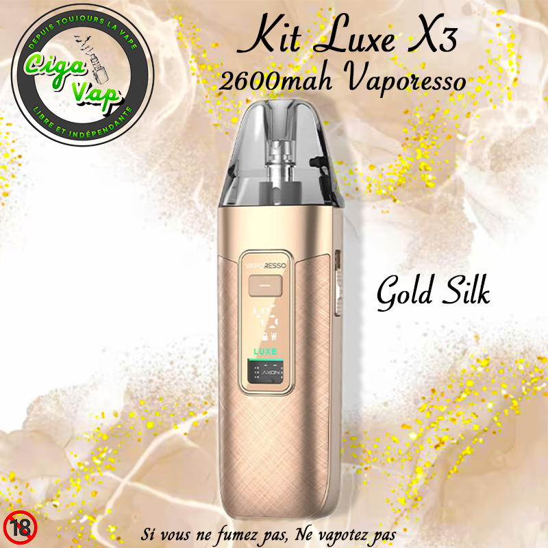 Kit Luxe X3 Gold de Vaporesso. Marque vendue par Ciga'Vap.