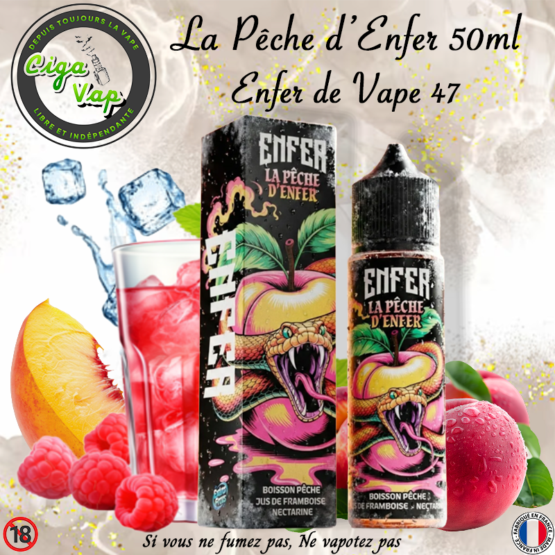 E-liquide pêche d'enfer 50ml Vape47. Marque vendue par Ciga'Vap