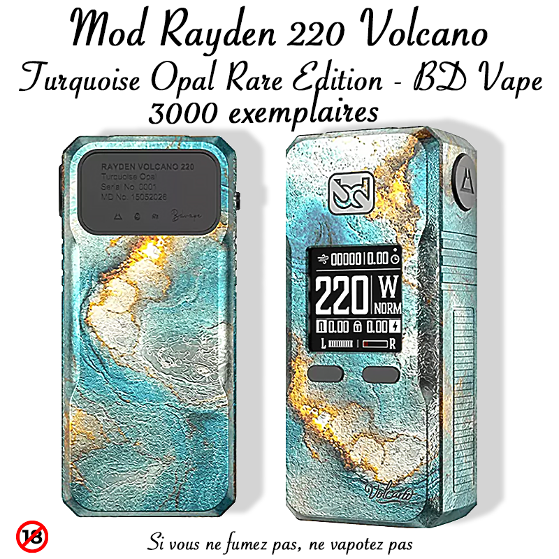 Edition Collector Box Mod Rayden 220 Volcano Turquoise Opal Rare Edition - BD Vape. Marque vendue par Ciga'Vap.