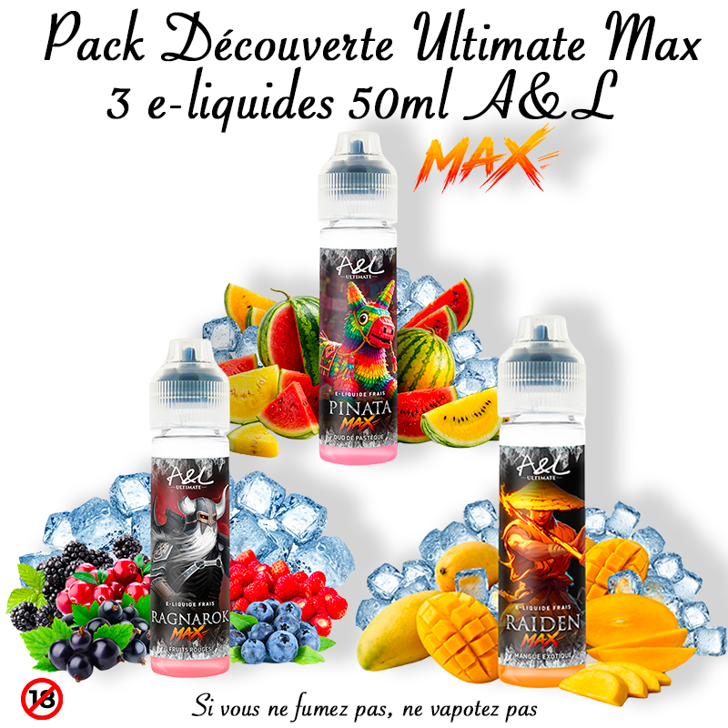 pack découverte des nouveaux e-liquides de la gamme Ultimate Max de A&L. Marque vendue par Ciga'Vap.