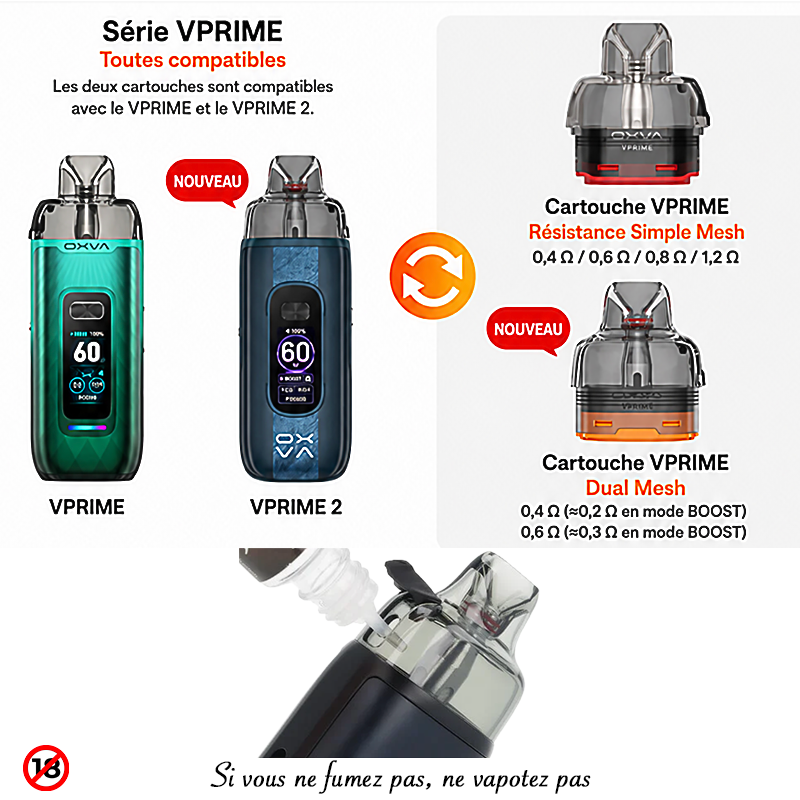 comparatif Pod de remplacement VPrime Dual Mesh 6ml (0.4_0.6) - OXVA (pack de 2). Marque vendue par Ciga'Vap.